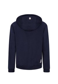 Felpa con cappuccio blu navy a maniche lunghe, realizzata in tessuto morbido. Presenta un orlo e polsini a coste, con un logo vicino in basso a destra.