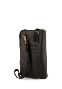 Schwarze Lederhandtasche mit einem schlanken rechteckigen Design. Mit einem Reißverschlussverschluss, goldenen Metallakzenten und einfachen geprägten Details.