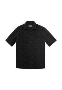 Camicetta nera a maniche corte realizzata in tessuto leggero con un motivo floreale testurizzato e chiusura a bottoni. Presenta un colletto elegante e una vestibilità comoda.