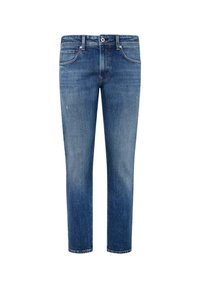 Jeans de denim azul con corte recto, con una cintura de altura media, cinco bolsillos y un ligero desgaste para un aspecto clásico.