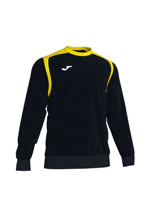 Sweat-shirt de sport noir à manches longues avec des accents jaunes sur les épaules et le col, et un petit logo blanc sur la poitrine.
