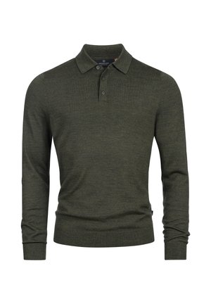 Koszula polo z długim rękawem, w ciemnozielonym kolorze, z kołnierzykiem, trzema guzikami oraz ściągaczami przy rękawach. Miękka, strukturalna tkanina z delikatnymi różnicami w fakturze.