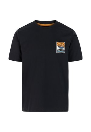 Zwart katoenen T-shirt met een ronde hals en korte mouwen. Op de voorkant staat een kleurrijk logo met een zon- en bergontwerp.