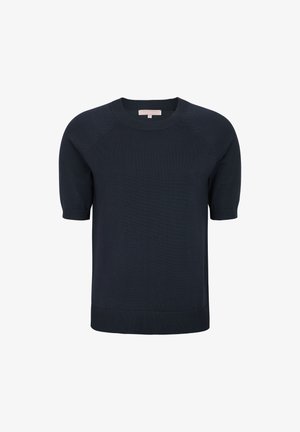 Maglione corto a maniche corte di colore blu navy, con collo rotondo e bordo a costine all'orlo e alle maniche, caratterizzato da una superficie liscia e maniche raglan.