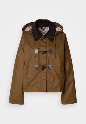 Brown hooded jacket with corduroy collar, toggle fastenings, and a quilted inner lining featuring a patterned design. Textured fabric finish.