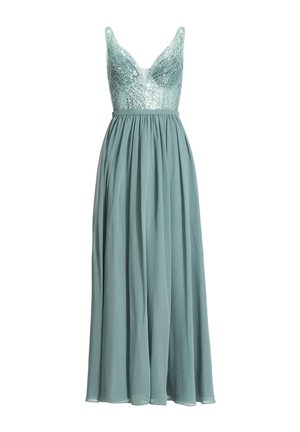 Robe longue sans manches avec corsage à col en V orné de sequins et jupe fluide en chiffon de couleur bleu sarcelle doux.