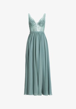Robe longue sans manches avec corsage à col en V orné de sequins et jupe fluide en chiffon de couleur bleu sarcelle doux.