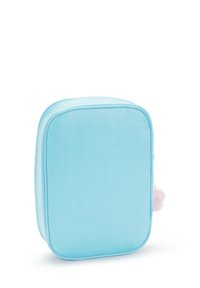 Light blue rectangular pouch with a smooth texture, zip closure, and pink pom-pom accent on the side. Compact and portable design.