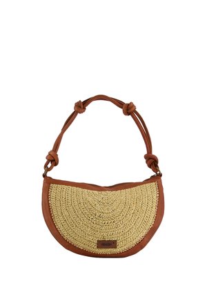 Sac à épaule en paille tissée en forme de demi-lune avec garniture en cuir marron et bandoulière en cuir nouée, doté d'une étiquette de marque Venezia.
