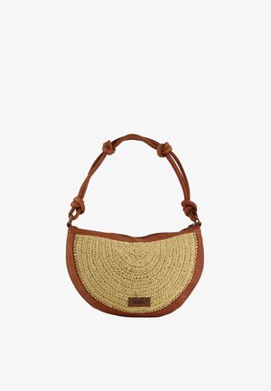 Sac à épaule en paille tissée en forme de demi-lune avec garniture en cuir marron et bandoulière en cuir nouée, doté d'une étiquette de marque Venezia.