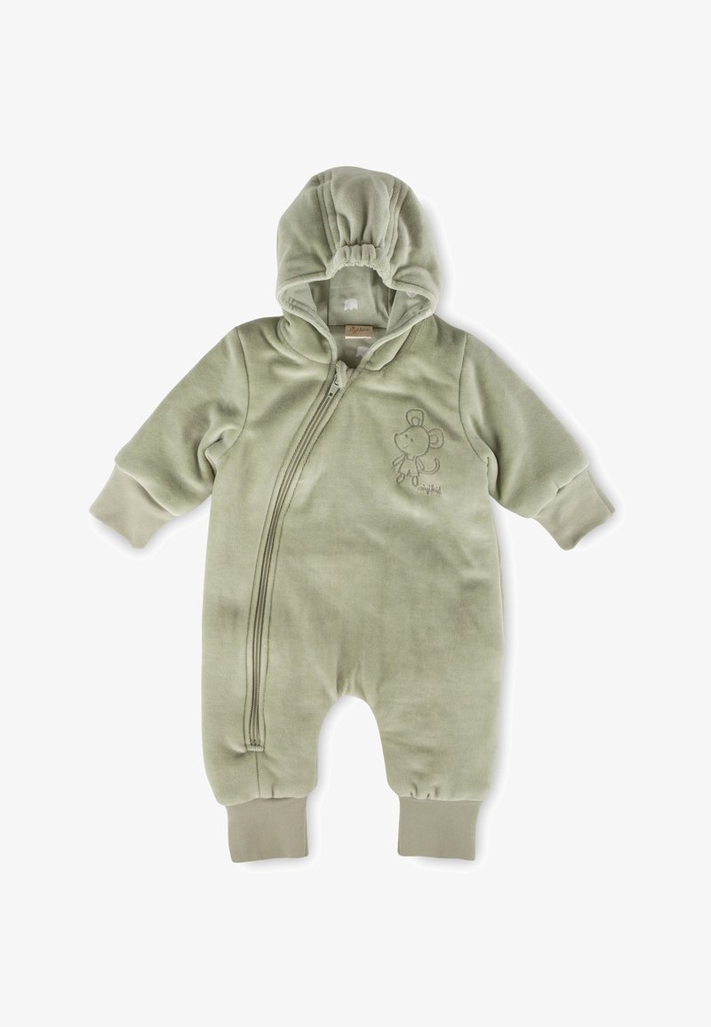 Olivgrüner Fleece-Einteiler mit Reißverschluss vorne, elastischer Kapuze und Bündchen an den Ärmeln. Verziert mit einem bestickten Mausmotiv auf der Brust.