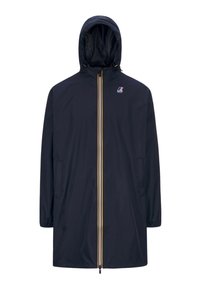 Veste imperméable de couleur marine avec capuche, fermeture éclair jaune et blanche à l'avant, deux poches latérales, poignets élastiques et un logo sur la poitrine. Tissu léger.