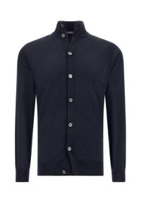 Marinblå stickad cardigan med hög krage, knappstängning och långa ärmar. Har sex framknappar och ribbade manschetter. Slät textur.