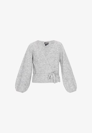 Heled hallikas fliisist kootud vaip-sweater, millel on pikad õhku paiskuvad varrukad ja puusas seotud kaheksasõlm, esitatud valgel taustal.