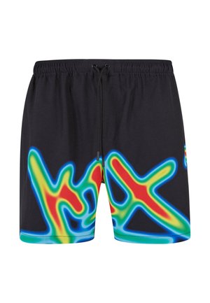 Black swim shorts featuring vibrant abstract patterns in blue, red, yellow, and green. Elastic waistband with adjustable drawstring.
