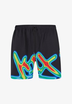 Black swim shorts featuring vibrant abstract patterns in blue, red, yellow, and green. Elastic waistband with adjustable drawstring.