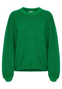 Vihreä neulepaita, jossa on pyöreä kaula-aukko, löysä istuvuus ja pitkät hihat. Ominaisuuksiin kuuluvat ribbineulotut hihansuut ja helmamateriaali sekä sileä rakenne.