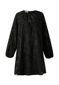 Robe noire à motif floral avec manches longues, encolure ronde et tissu texturé. Présente des détails froncés aux épaules et aux poignets.