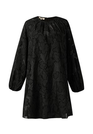 Schwarzes Kleid mit floralem Muster, langen Ärmeln, rundem Ausschnitt und strukturierter Stoffqualität. Mit gerafften Details an Schultern und Manschetten.