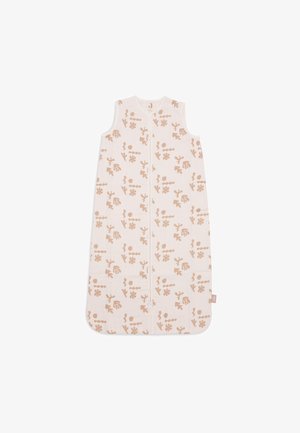 Mouwloze slaapzak van lichtroze stof met beige botanische patronen. Voorzien van een rits aan de voorkant en een ronde onderkant. Zachte textuur.