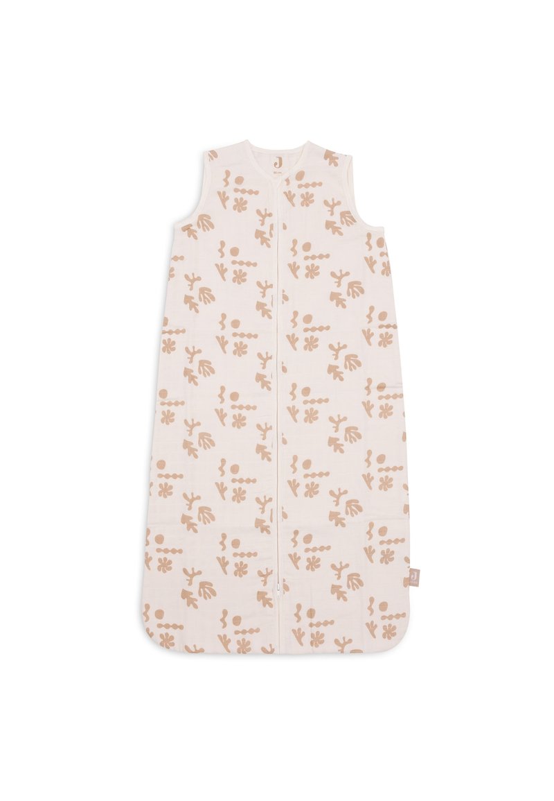 Sac de couchage sans manches en tissu rose clair avec des motifs botaniques beiges. Il dispose d'une fermeture éclair à l'avant et d'un fond arrondi. Texture douce.