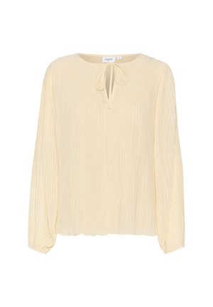 Faltenbluse mit langen Ärmeln in hellem Creme mit einer Schlüsselloch-Bindung. Weicher, leichter Stoff mit einer dezenten strukturierten Oberfläche.
