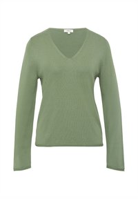 Langarm-Pullover mit V-Ausschnitt aus weichem grünem Strickstoff, mit lockerer Passform und geripptem Saum. Glatte Textur mit leichtem Tragegefühl.