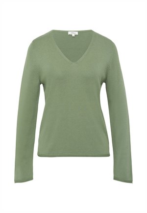V-hals lange mouwen trui van zachte groene brei, met een relaxte pasvorm en geribbelde zoomdetails. Gladde textuur met een lichte feel.