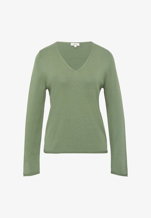 Pull à manches longues en V en tricot vert doux, présentant une coupe décontractée et des détails à ourlet côtelé. Texture lisse avec une sensation légère.