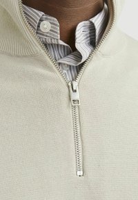 Kreminė zip-up megztinis su tekstūruotu audiniu, užsegamas sidabriniu užtrauktuku, dėvimas ant šviesaus dryžuoto marškinių su apykakle.