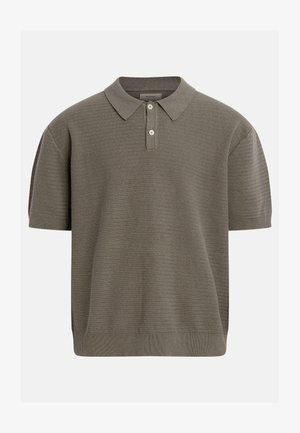 Short-sleeve knit polo shirt in olive green with textured horizontal ribbing, two-button placket, and classic collar.