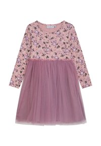 Blumenkleid mit einem rosa Baumwolloberteil und einem geschichteten lila Tüllrock, langen Ärmeln und einem runden Ausschnitt.