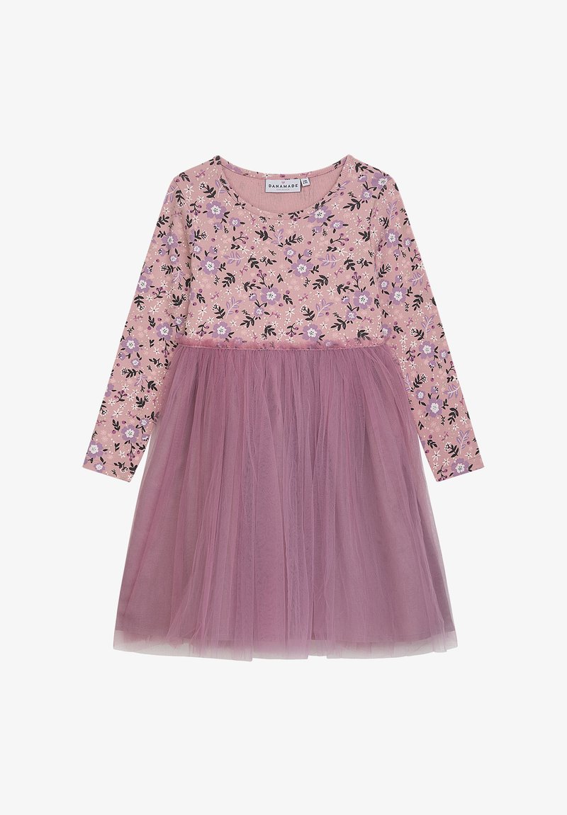 Blumenkleid mit einem rosa Baumwolloberteil und einem geschichteten lila Tüllrock, langen Ärmeln und einem runden Ausschnitt.