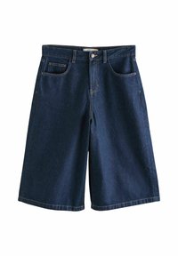 Tumed sinised denim šortid, sirge lõikega, viie taskuga disain, vöö jaoks aasadega ning ülemise nupu ja tõmbluku sulgemisega.