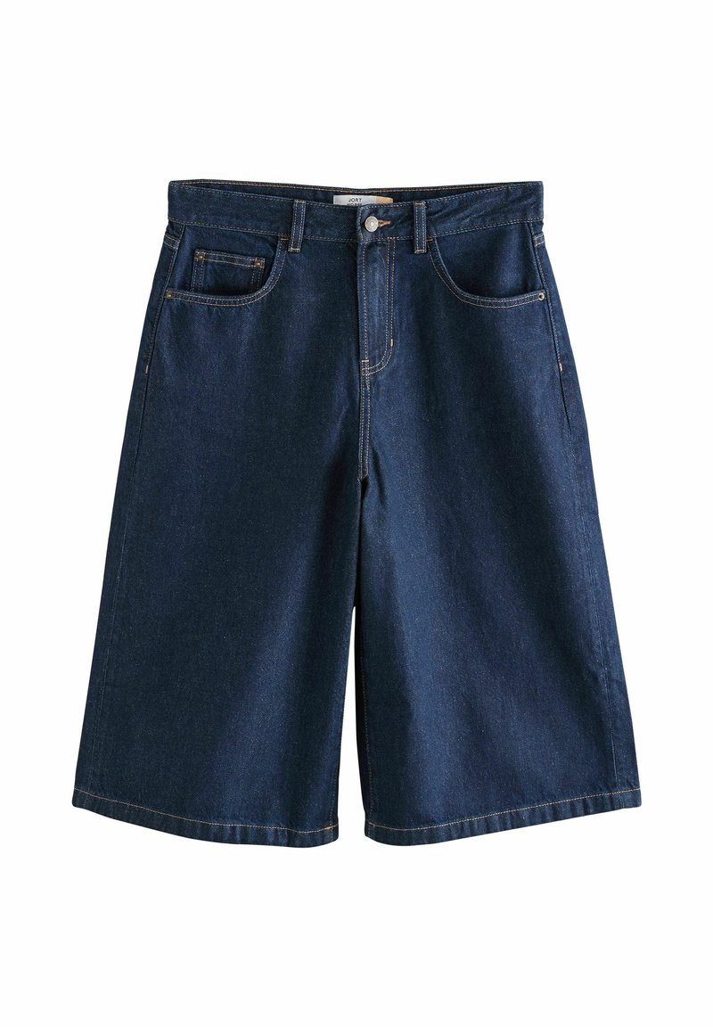 Tumed sinised denim šortid, sirge lõikega, viie taskuga disain, vöö jaoks aasadega ning ülemise nupu ja tõmbluku sulgemisega.