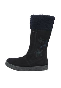 Schwarzer Wildlederstiefel mit einem strukturierten Fleece-Oberteil, das blaue Stern- und Schneeflockenmuster aufweist, sowie einer gemusterten Gummisohle.