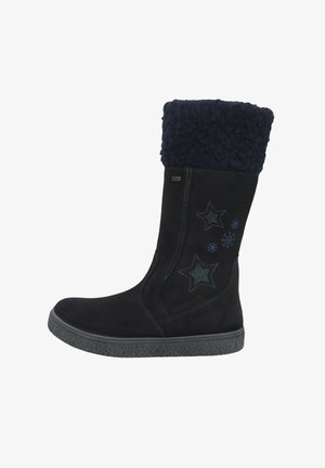 Black suede boot with a textured fleece top, featuring blue star and snowflake designs, and a patterned rubber sole.