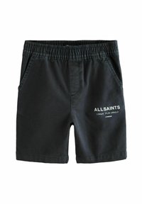 Čierne šortky s elastickým pásom, dvoma bočnými vreckami a bielou potlačou loga „ALLSAINTS LONDON“ na ľavej nohe. Hladká bavlnená látka.