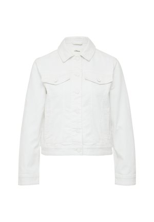 Veste en denim blanc avec un col, des manches longues, deux poches avant et une fermeture à boutons. Présente une légère texture et une coupe ajustée.