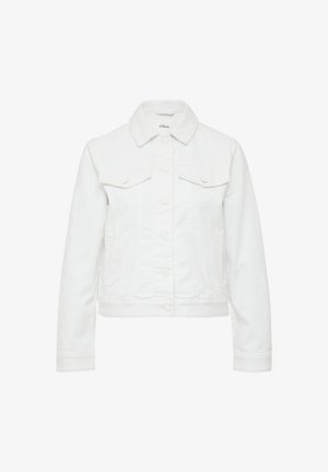 Balta džinsa jaka ar apkakli, garām piedurknēm, divām priekšējām kabatām un pogu aizdari. Iezīmējās ar nelielu tekstūru un pieguļošu formu.