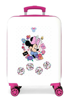 Maleta blanca con asa y ruedas rosas, con Minnie Mouse rodeada de flores coloridas, corazones, una abeja y pequeñas etiquetas de texto.