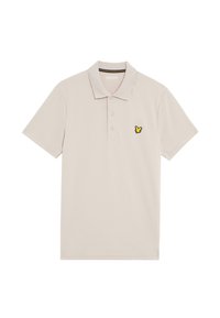 Beige polo shirt van katoen, met een klassieke kraag, drie knopen en een klein geel geborduurd vogellogo op de borst.