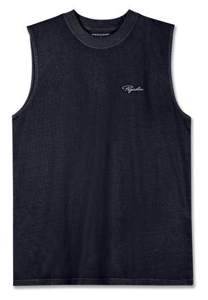 T-shirt sans manches noir en coton doux, avec un col rond et un logo subtil en blanc sur la poitrine.
