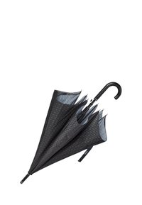 Parapluie noir avec un canopy à motif et une poignée courbée noire. Dispose d'un design compact et d'un cadre léger pour une utilisation facile.