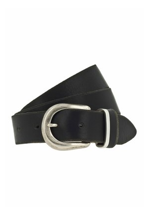 Ceinture en cuir noir avec une boucle ovale argentée, ornée d'un seul accent blanc et de multiples trous de réglage le long de la sangle.