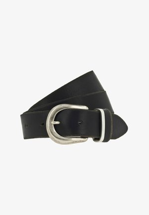 Ceinture en cuir noir avec une boucle ovale argentée, ornée d'un seul accent blanc et de multiples trous de réglage le long de la sangle.
