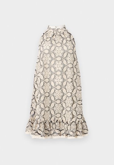 Spitzenkleid mit Halterneck, das eine cremefarbene Basis mit aufwendigen floralem Mustern und einem rüschengesäumten Saum aufweist. Leichter und strukturierter Stoff.