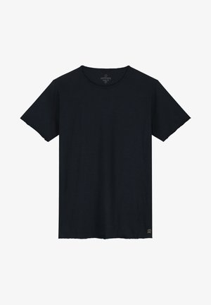 T-shirt noir à manches courtes en tissu doux, doté d'un col rond et d'une petite étiquette logo dans le coin inférieur droit.