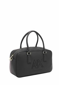 Borsa a tracolla nera rettangolare con manici doppi, chiusura con cerniera e logo inciso "AX Armani Exchange" sul pannello frontale.