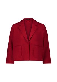 Giacca rossa con texture, colletto a rever, chiusura a un bottone e due tasche frontali. Presenta un design accorciato e maniche ampie.